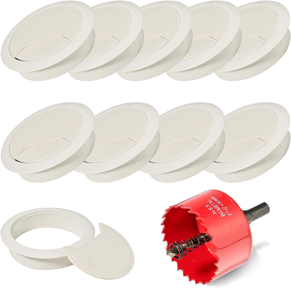 Kabeldoorvoer voor Bureau, Kabelgat Afdekking, Grommet Set van 10 Stuks 60mm (Wit) met Boor