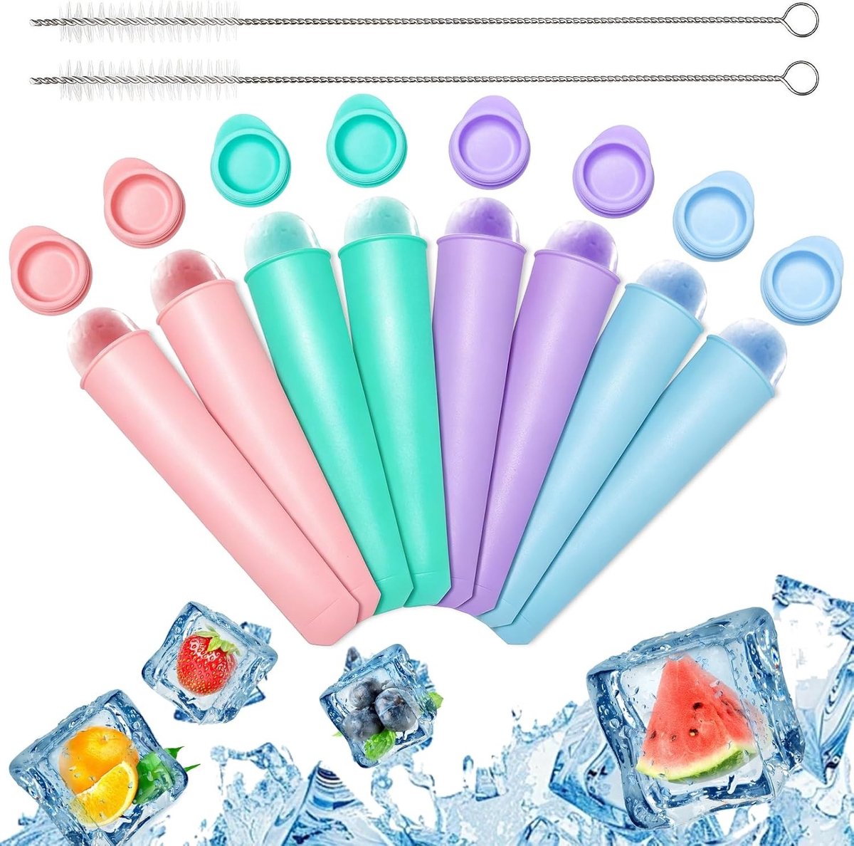 Herbruikbare siliconen ijsvormen voor waterijs, kleurrijk, 8 stuks, BPA-vrij, inclusief 2 schoonmaakborstels, ideaal voor popsicles en verfrissende traktaties