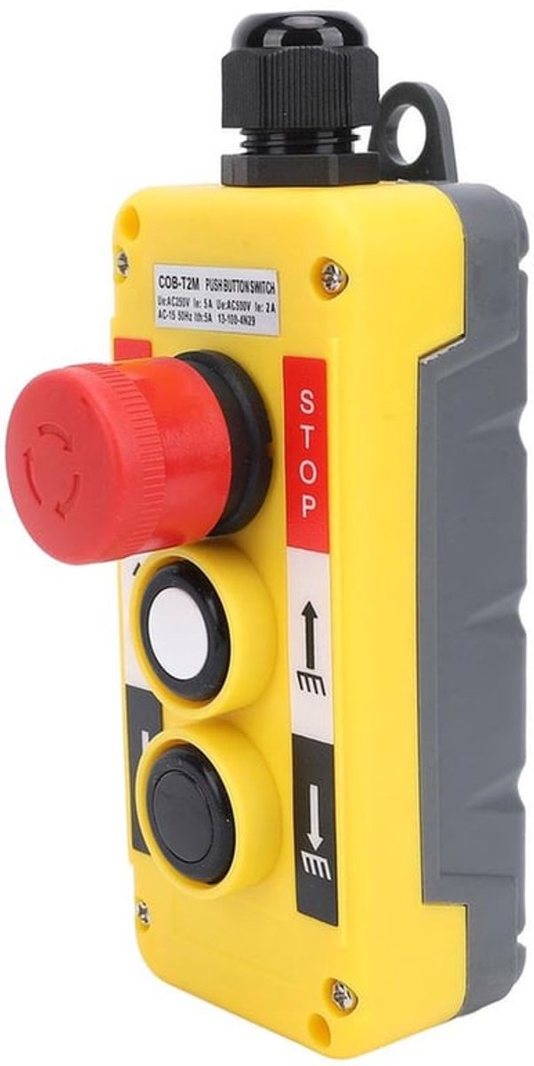Ergonomische IP68 industriële kraanbediening met drukknoppen en noodstop voor veilige en betrouwbare bediening in zware omgevingen