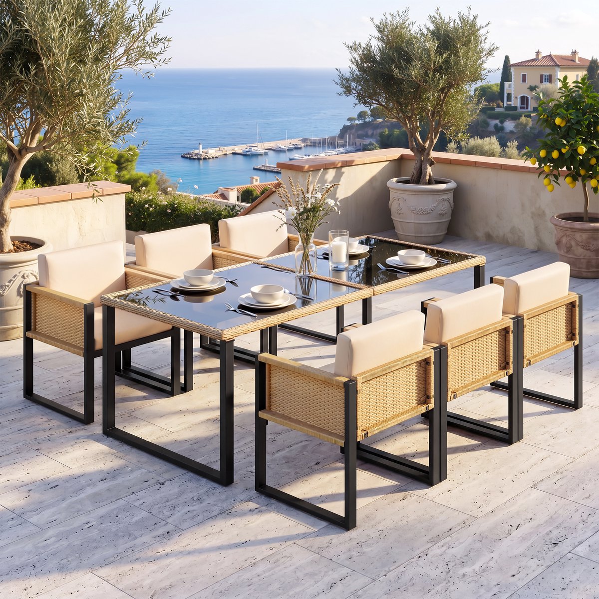 Intebiki tuinset - tuin loungeset -dining loungeset - Inclusief een eettafel en zes fauteuils - Moderne, casual buitenset - Geschikt voor terrassen, balkons en tuinen - Gemaakt van PE-rotan - bruin