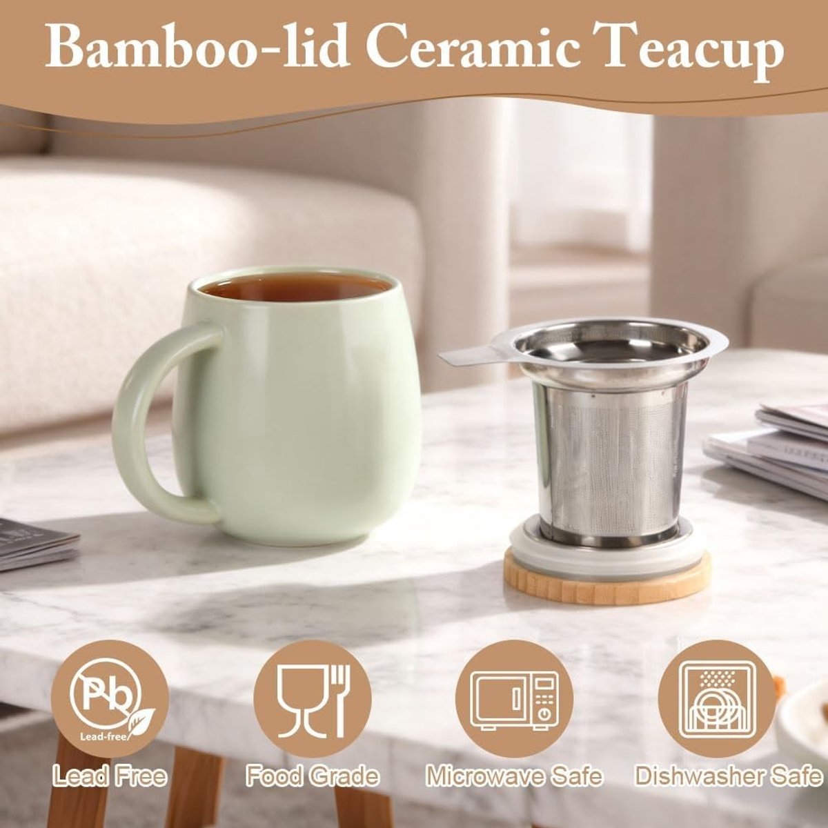 Grote keramische theemok met infuser en houten deksel, 480ml, ideaal voor thee, koffie en watergebruik thuis of op kantoor