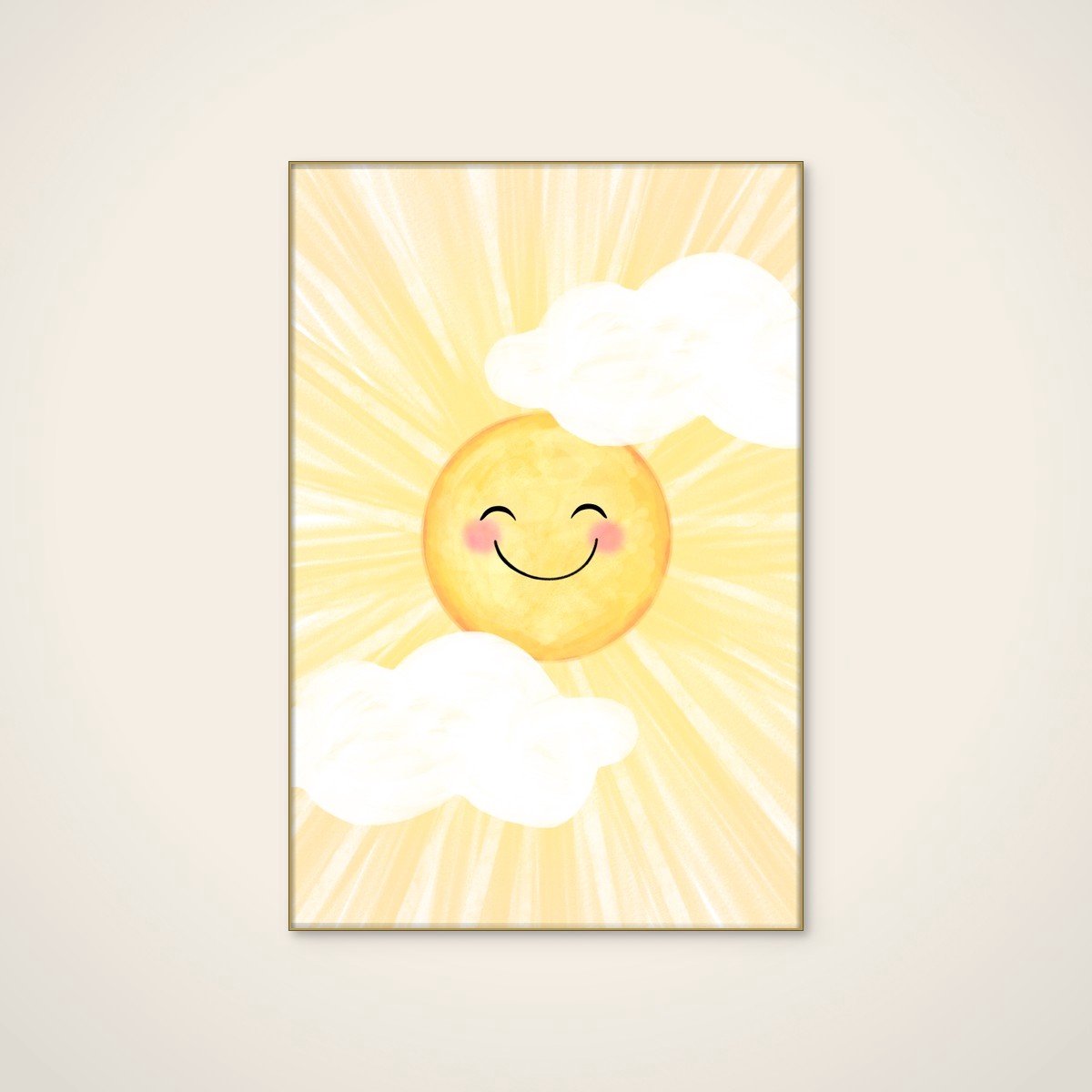 Akoestisch schilderij - 60 x 90 cm - Happy Smiling Sun van EMELIEmaria - Abstracte wanddecoratie - goud textielframe