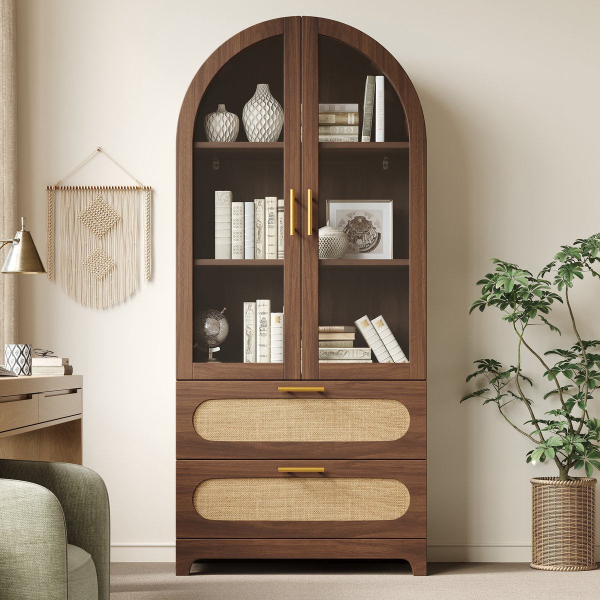 MODFU - Vitrinekast - Glazen Deuren En 2 Lades - Retro - MDF - Houtkleur - 80x40x175 Cm