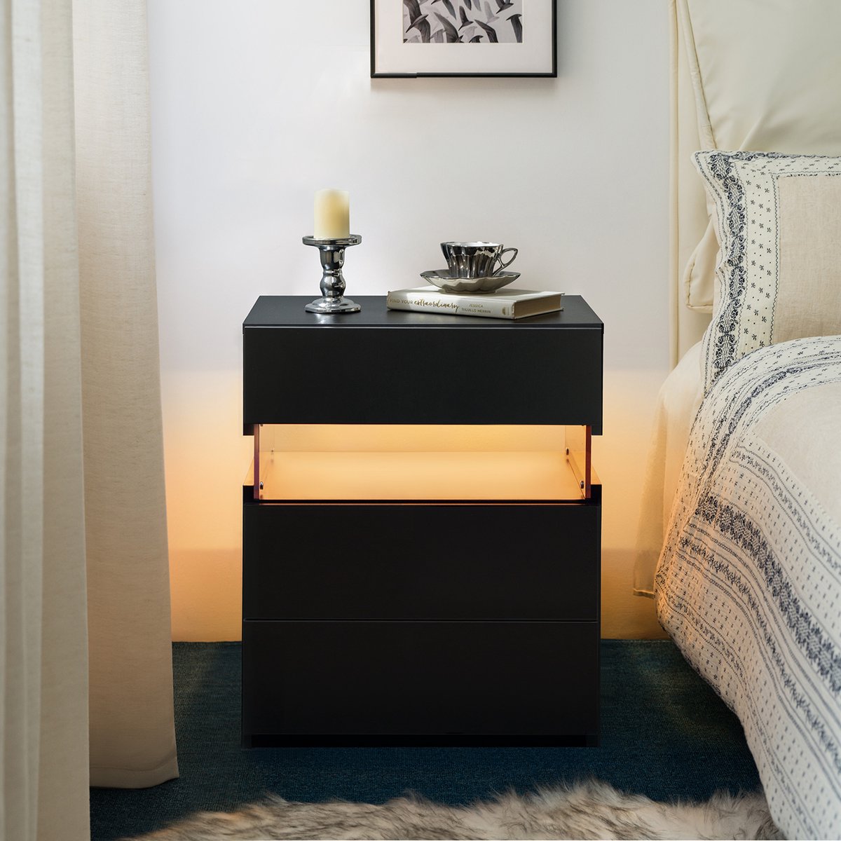 MODFU - Nachtkastje - 3 Lades - Met RGB Led Verlichting - Zwart - MDF