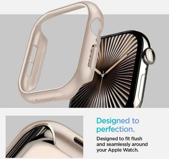 Collage van een starlight Apple Watch hoesje en detailshots van de hoes.