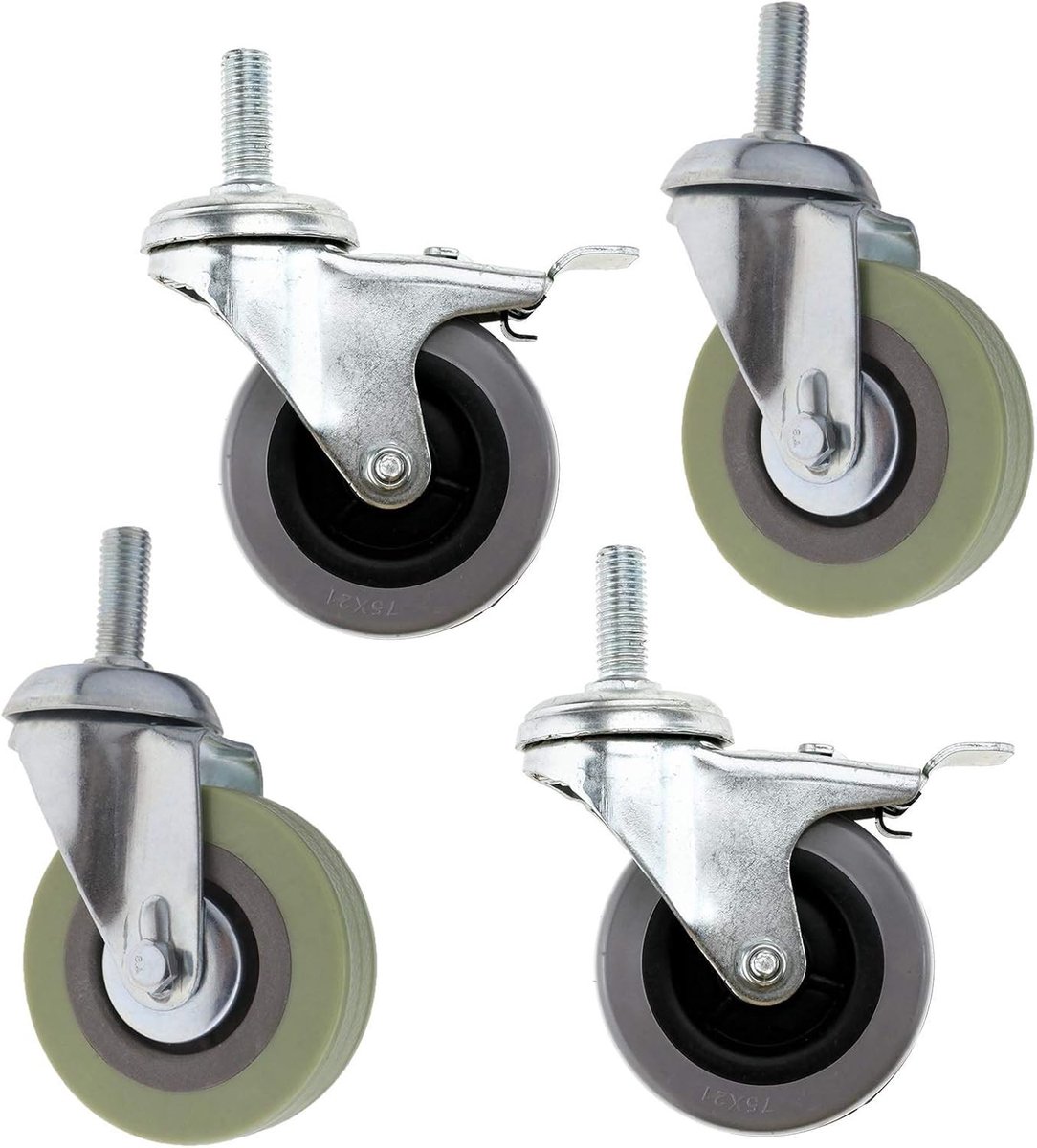 75mm (3 inch) Zwenkwielen met Boutbevestiging - 2 met Remmen en 2 Zonder Remmen voor Meubels en Apparatuur