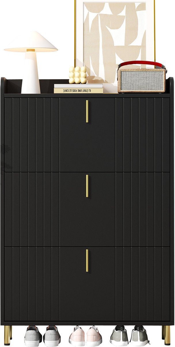 MODFU - Schoenenkast - 3 Klappen - Verstelbare Planken - Zwart - MDF