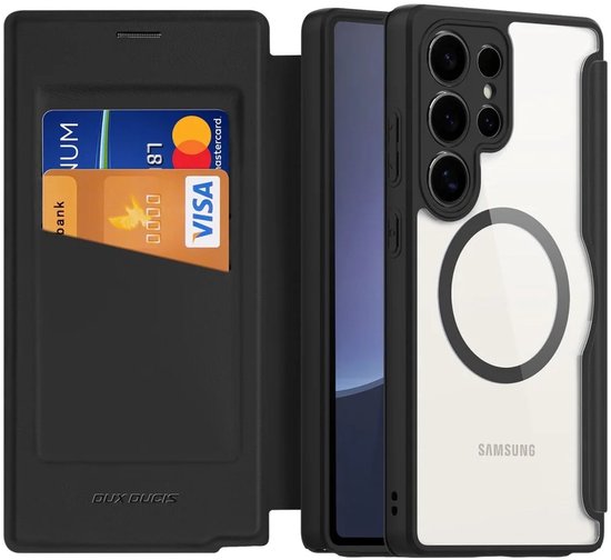 Étui portefeuille noir ouvert avec porte-cartes, à côté d'une coque de téléphone avec anneau MagSafe.