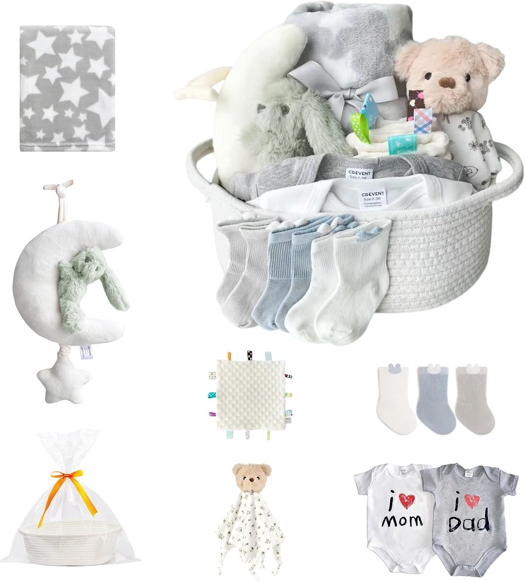 Baby Cadeauset Pasgeboren - Complete Kraamcadeau Set voor Meisjes en Jongens - Luiermand met Deken, Knuffel, Sokken, Babybody’s, Bedmobiel en Cadeauzakje - Wit