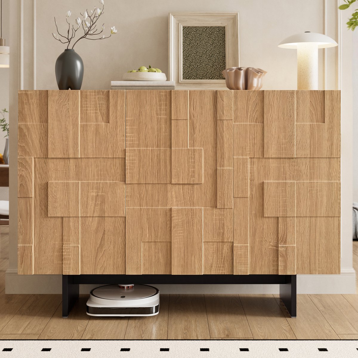 MODFU - Dressoir - Geometrische Front - 3 Deuren - Naturel Zwart - 105 X 33,5 X 76 Cm