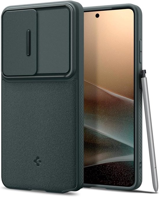Donkergroene telefoonhoes met cameralensafdekking, naast een telefoon die de textuur en vorm van de hoes laat zien.