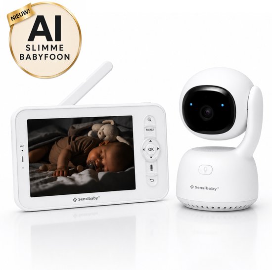 Sensibaby AI babyfoon set: witte camera en 5 inch monitor met slapende baby. "NIEUW! AI SLIMME BABYFOON" staat op een gouden cirkel.