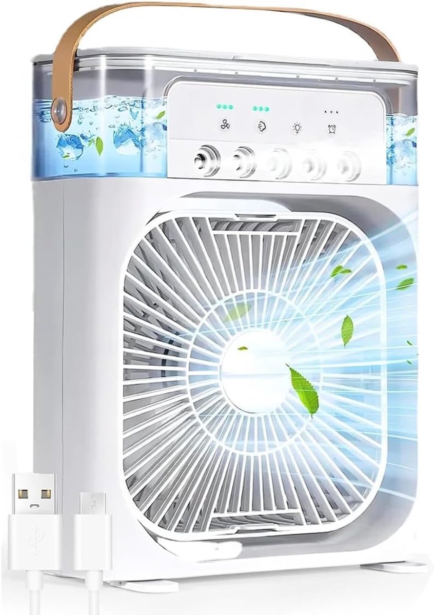 Miniventilator - Bureauventilator - Ventilator met vijf luchtgaatjes en sproeifunctie - USB-ventilator - 3 windsnelheden - 7-kleurige LED-verlichting - Geschikt voor thuis, kantoor en school - Wit - 15.7*7*23 cm - Waterreservoir van 600 ml