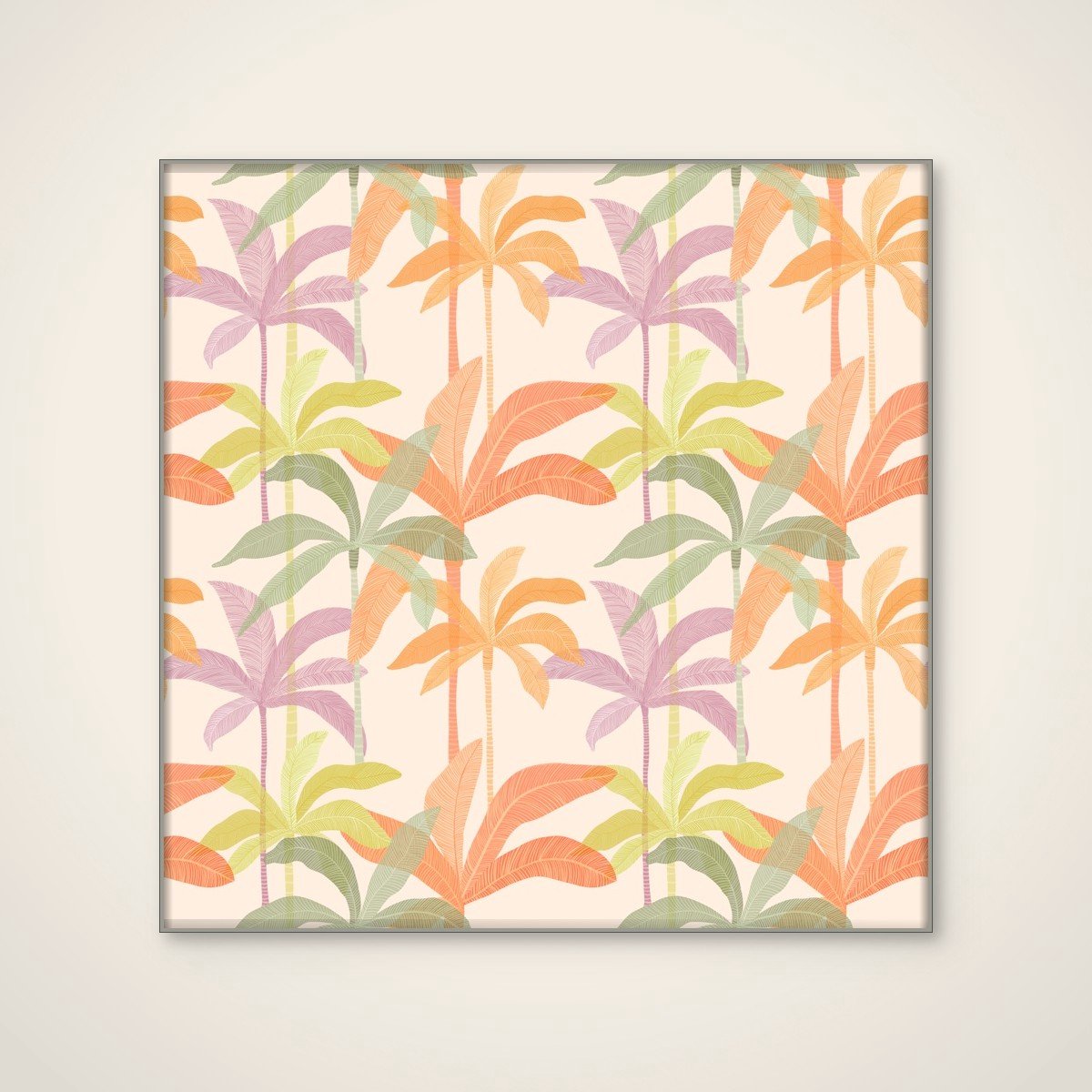 Akoestisch schilderij - 100 x 100 cm - Colorful Palm Trees van Kristian Gallagher - Botanische wanddecoratie - zilver textielframe