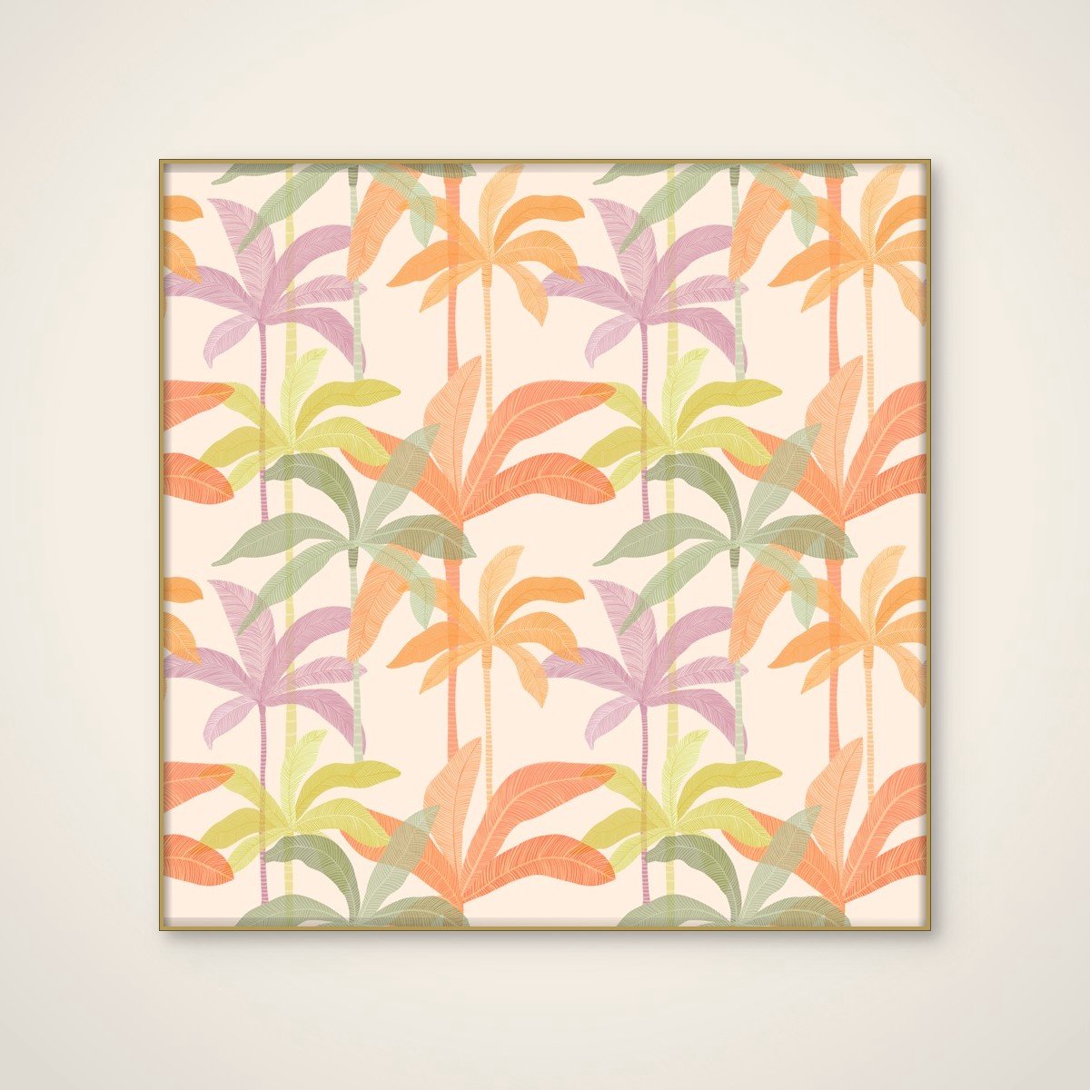 Akoestisch schilderij - 80 x 80 cm - Colorful Palm Trees van Kristian Gallagher - Botanische wanddecoratie - goud textielframe