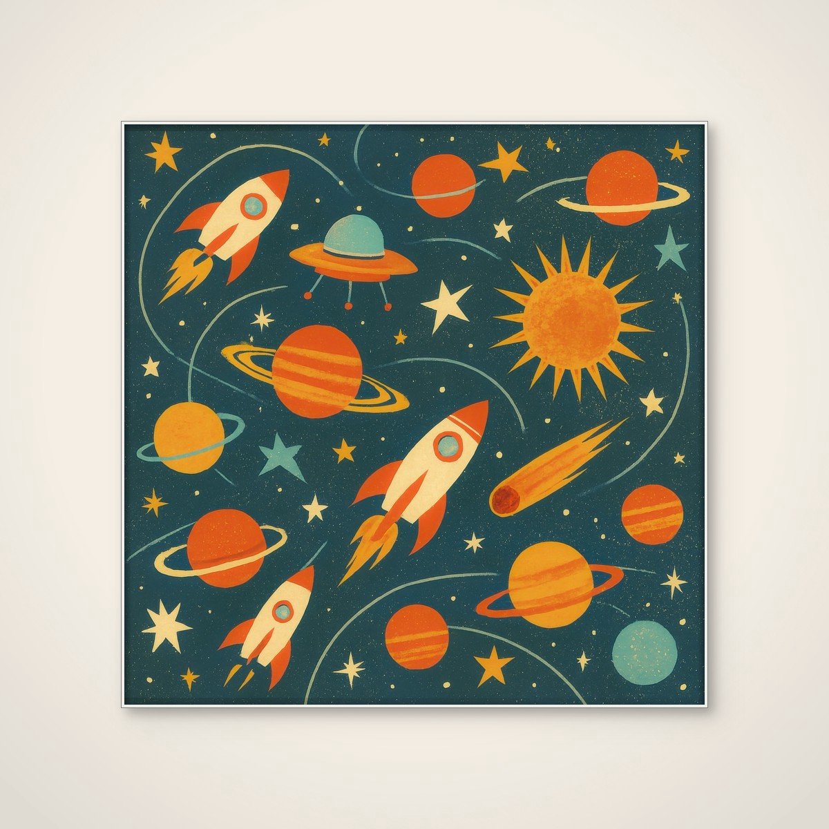 Akoestisch schilderij - 100 x 100 cm - Planetary Exploration van Taudalpoi - Abstracte wanddecoratie - wit textielframe