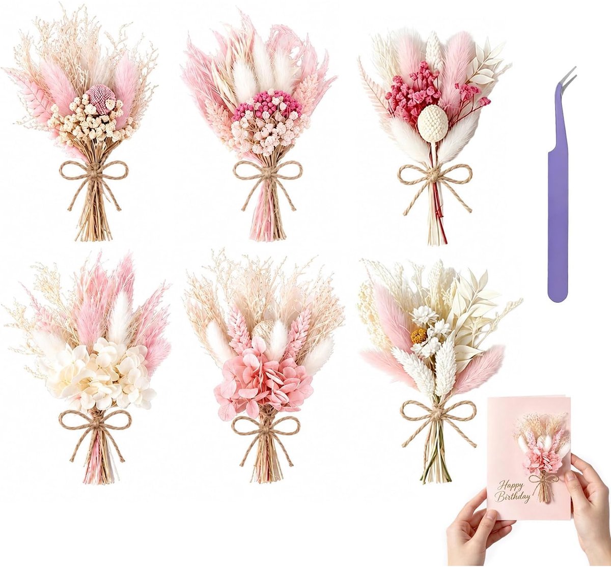 Kaiyaya - 6 Stuks Droogbloemen Boeket - Natuurlijk en Onderhoudsvrij - Roze Pampasgras - Handgemaakt Mini Boeket - Voor DIY Projecten, Tafeldecoratie, Bruiloft, Cadeau - 15 cm, Roze