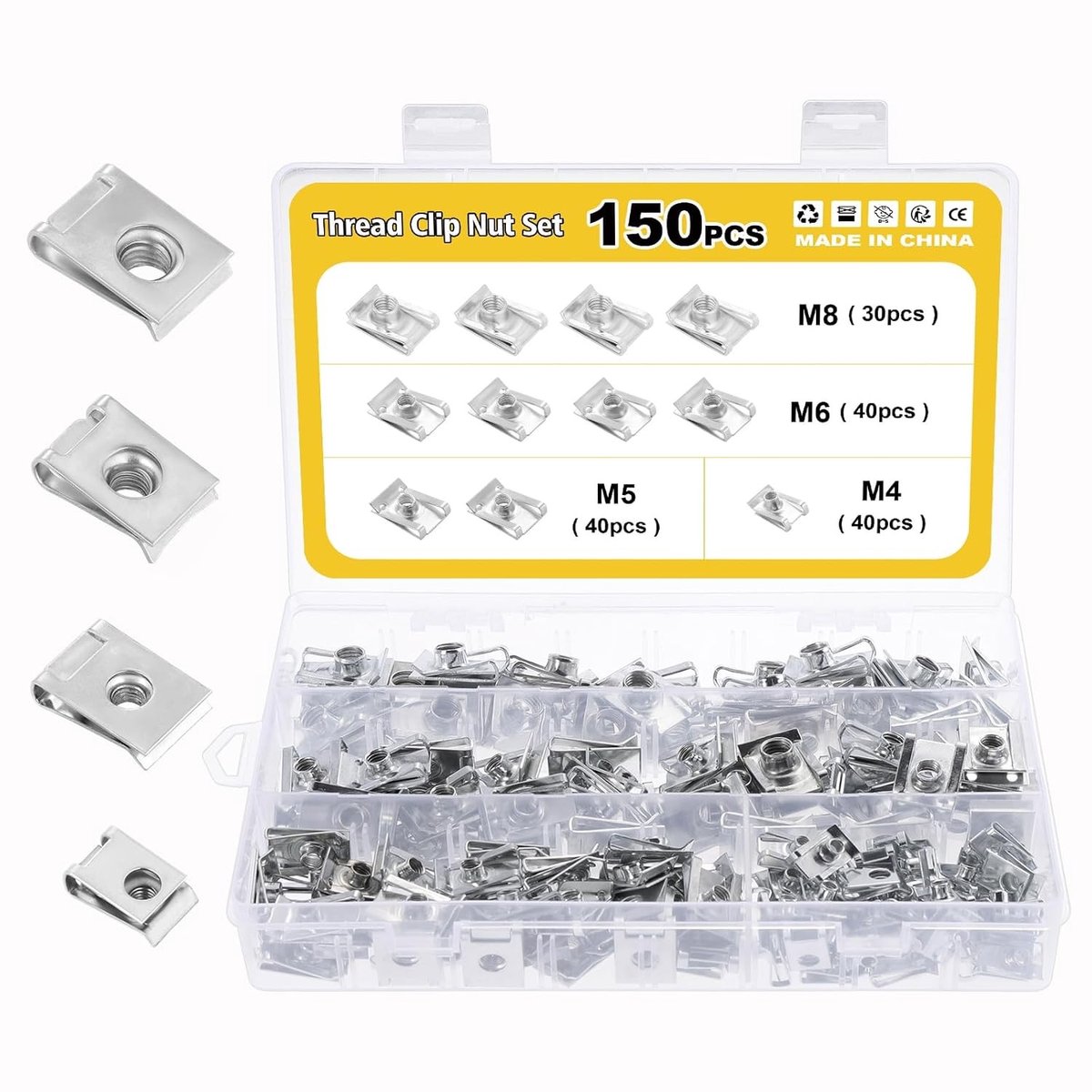 150 Stuks U Clips en Moeren voor Auto en Motor, M4, M5, M6, M8, Ideaal voor Bevestiging en Montage