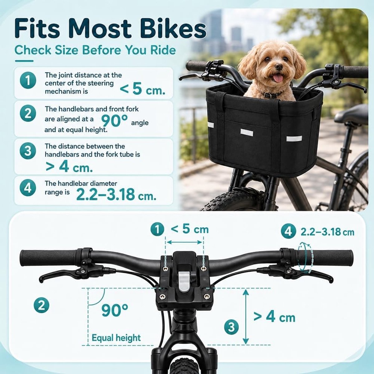Opvouwbare en waterdichte fietsmand vooraan met snelmontagehouder, ideaal voor honden en boodschappen tijdens het fietsen