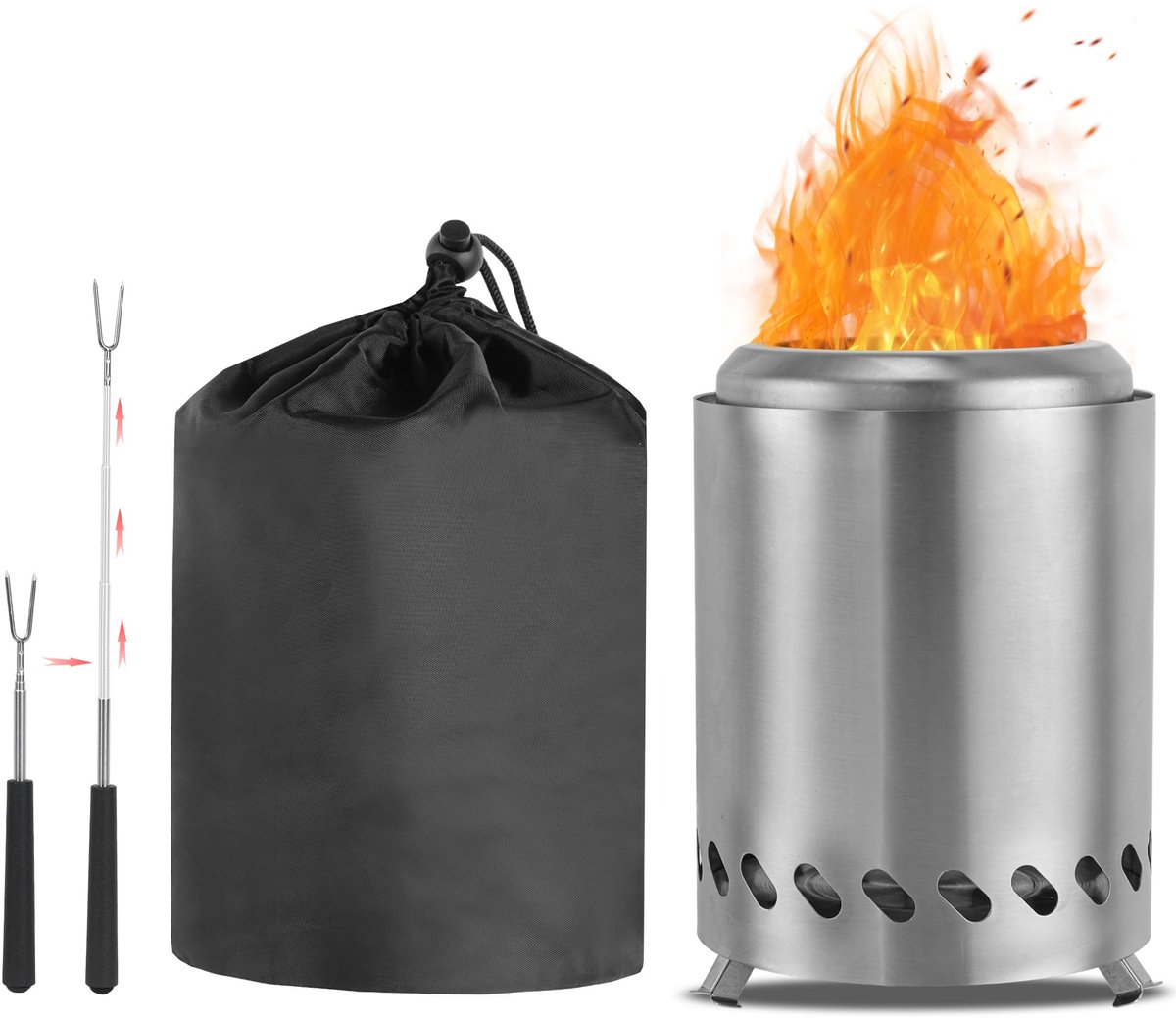 Buitenhoutkachel – Rookvrije vuurkorf – Terras – Roestvrijstalen haard – Tuinhaard – Tafelhaard – Draagbare haard – Geschikt voor pellets of hout – Inclusief uitschuifbare heteluchtvork + opbergtas – Zilver