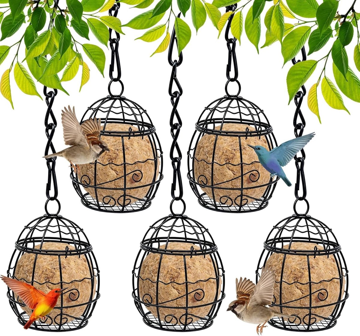 Vogelvoederdispenser met 6 maasbollenhouders en S-vormige haak voor wilde vogels in de tuin, ideaal voor voeden en observeren (zwart, diameter 7 cm)