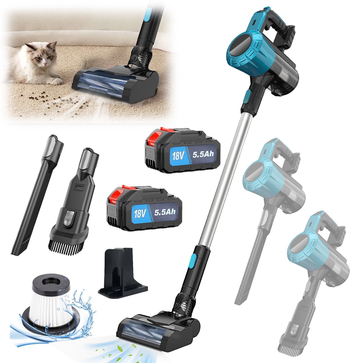 Draadloze Staafstofzuiger 30kPa zuigkracht | 2 stuks 18‑21V accu’s, 375W borstelloze motor, lichte stofzuiger met meerdere opzetstukken en wasbare HEPA‑filters voor thuis en auto