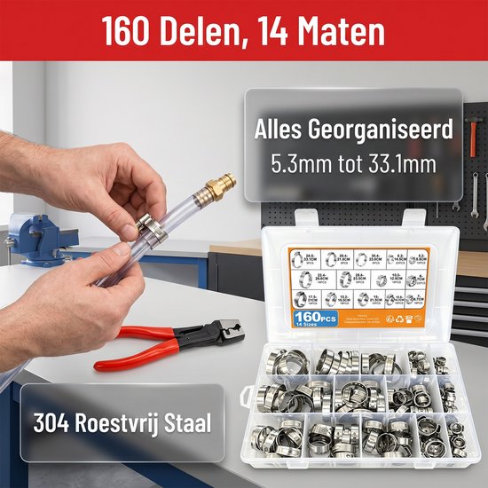 160 Stuks Slangklemmen set 5,3-33,1 mm - RVS Slangklemmen met Klemstang en Slangklemmentang, 14 Maten Eén-Oor Slangklem van 304 Roestvrij Staal voor Slangen, Leidingen, Auto, Sanitair en Werkplaats van carmdering — afbeelding 2