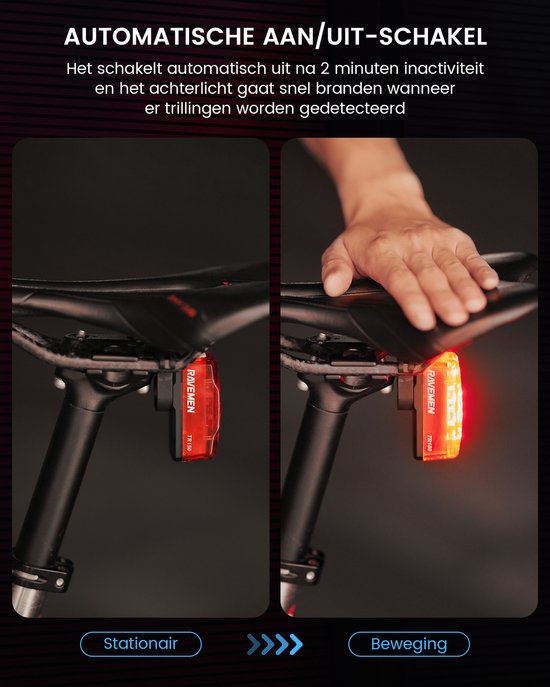 RAVEMEN TR150 Fiets Achterlicht 150 Lumen-Veiligheidslicht voor Dag- en Nachtritten-USB-C Oplaadbaar Fiets Achter-IPX6-6 Verlichtingsmodi — afbeelding 2