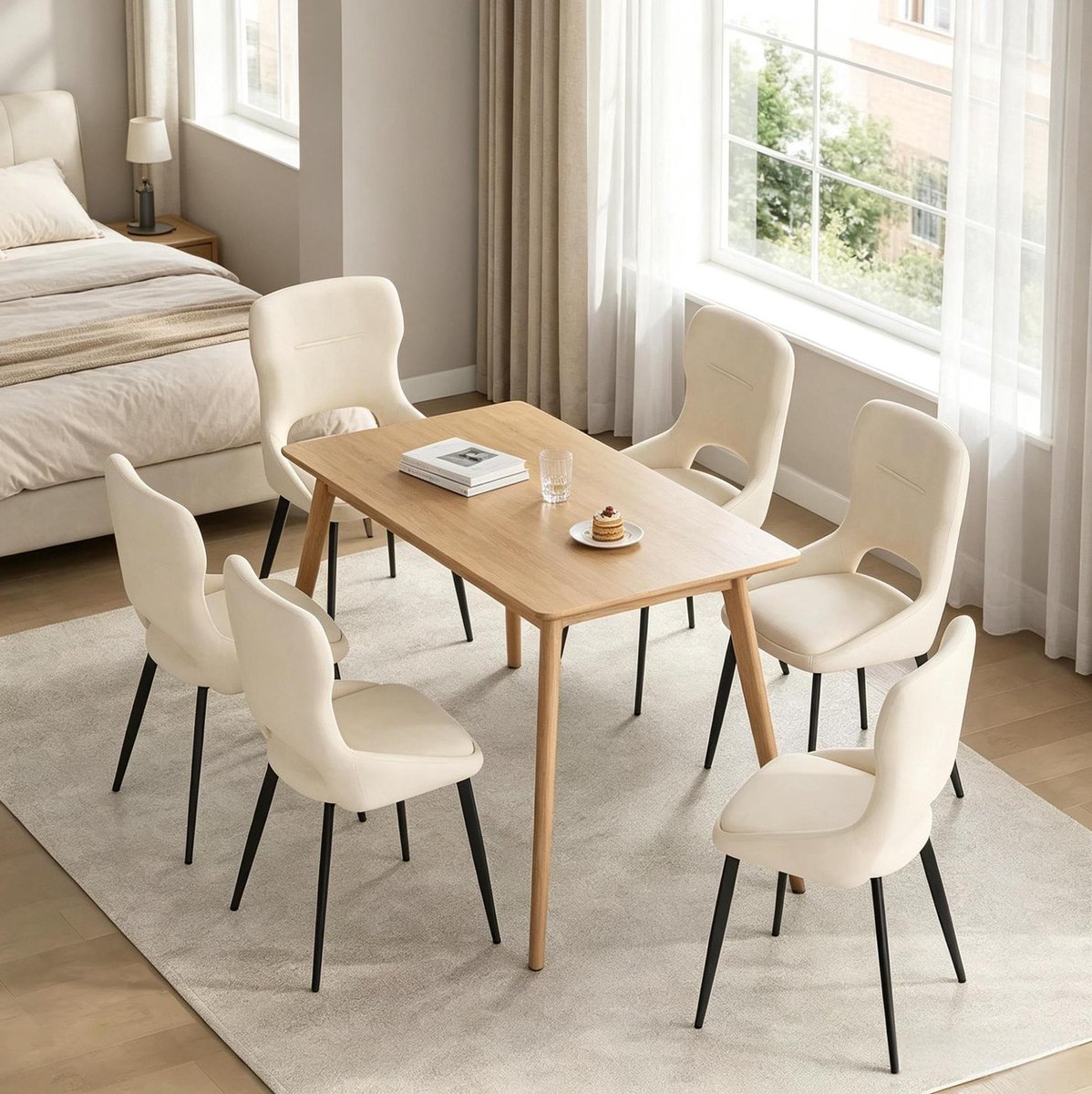 OKWISH Eetkamerstoel - Gepolsterd Met Armleuning En Open Rugleuning - Set Van 6 Voor Eetkamer, Woonkamer Of Keuken - Chenille En Metaal - Beige