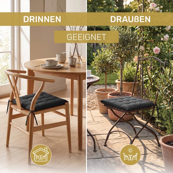 Donkergrijs zitkussen binnen op een houten stoel en buiten op een metalen stoel.