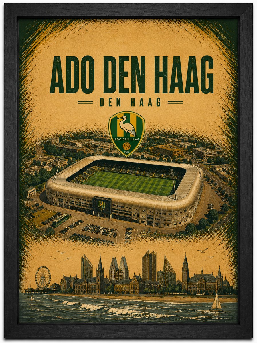 ADO Den Haag Poster | Stadion & Skyline Den Haag | Vintage Art Style | Inclusief Zwarte A4 Lijst