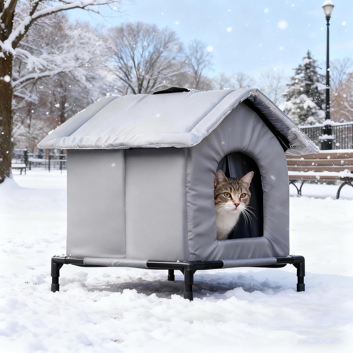 Winterbestendig buiten kattenhuis - Maat S 33x33 cm – Geïsoleerd & weerbestendig – Verhoogde basis – Eenvoudig te monteren – Voor buitenopvang – Grijs