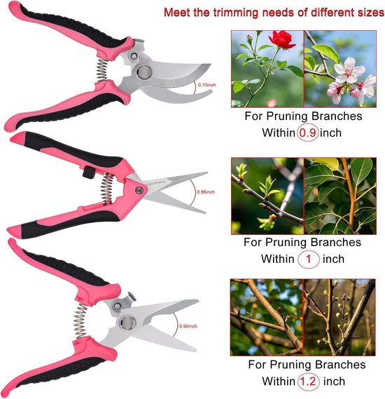 Schaarset - Snoeischaar - Bloemschaar - Bloemschikschaar - Roosenschaar - Druivenschaar - Met handvat - Duurzaam - Inspanningsbesparend - Tuinaccessoires - Geschikt voor planten, fruit, tuin (roze, meerdere maten) — afbeelding 4