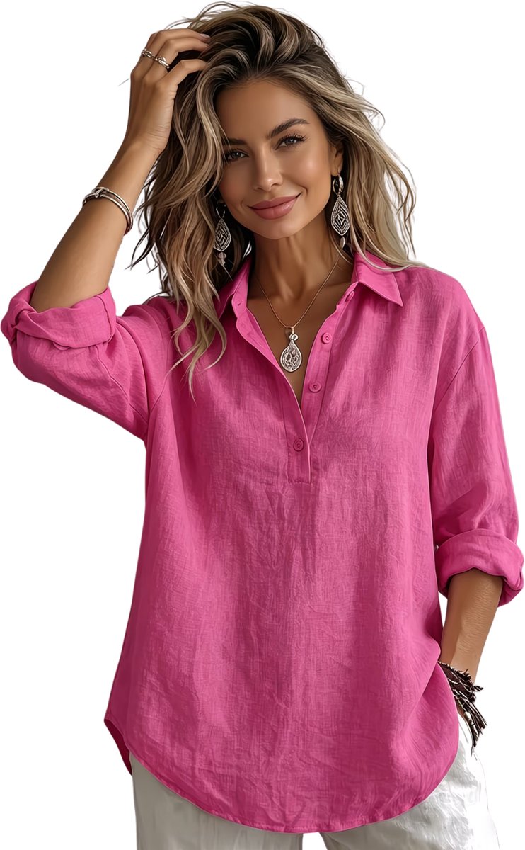 Currero Linnen Blouse Dames T-Shirt Polo Overhemd Shirt Zomer Ibiza Stijl Rode Roos