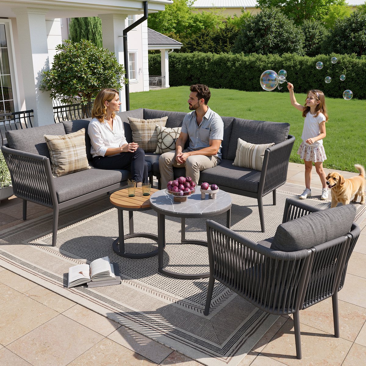 6-Delige Modulaire Tuin Loungeset - Rope Hoekbank Met Kussens - Grijs - Buitenmeubelen