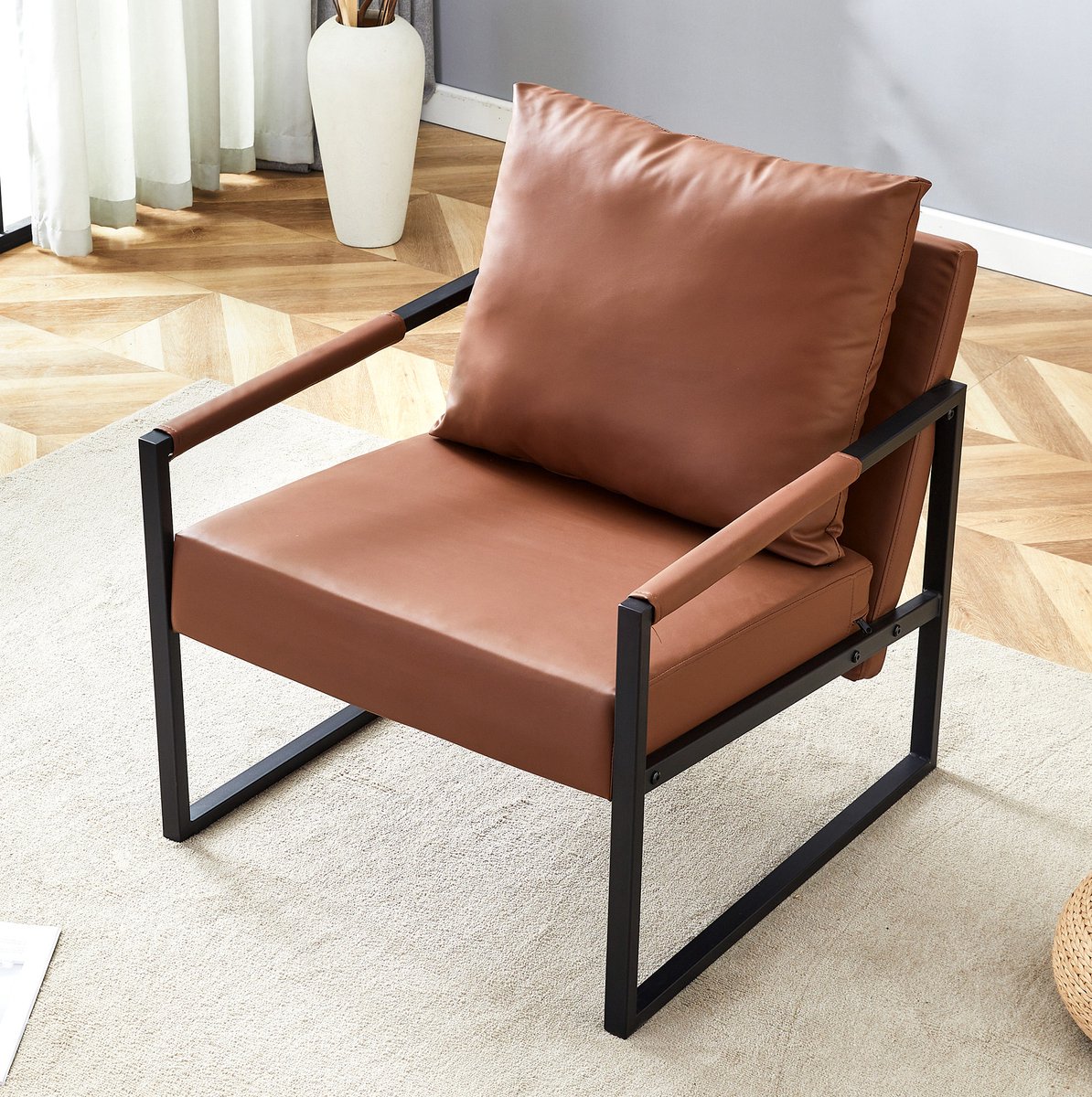 OKWISH Fauteuil 68,5 x 75,5 x 75,2 cm - Met Armleuningen En Dik Gevoerd - Voor Woonkamer, Slaapkamer Of Kantoor - Kunstleer - Bruin