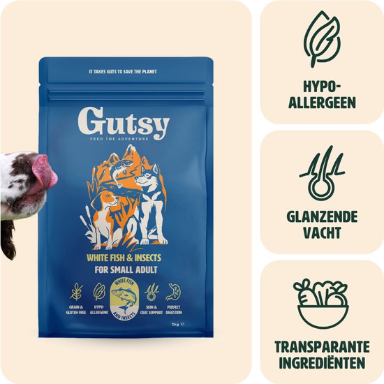 Blauwe zak Gutsy hondenvoer met tekeningen van honden, wolven en vissen. Hypoallergeen en graanvrij.