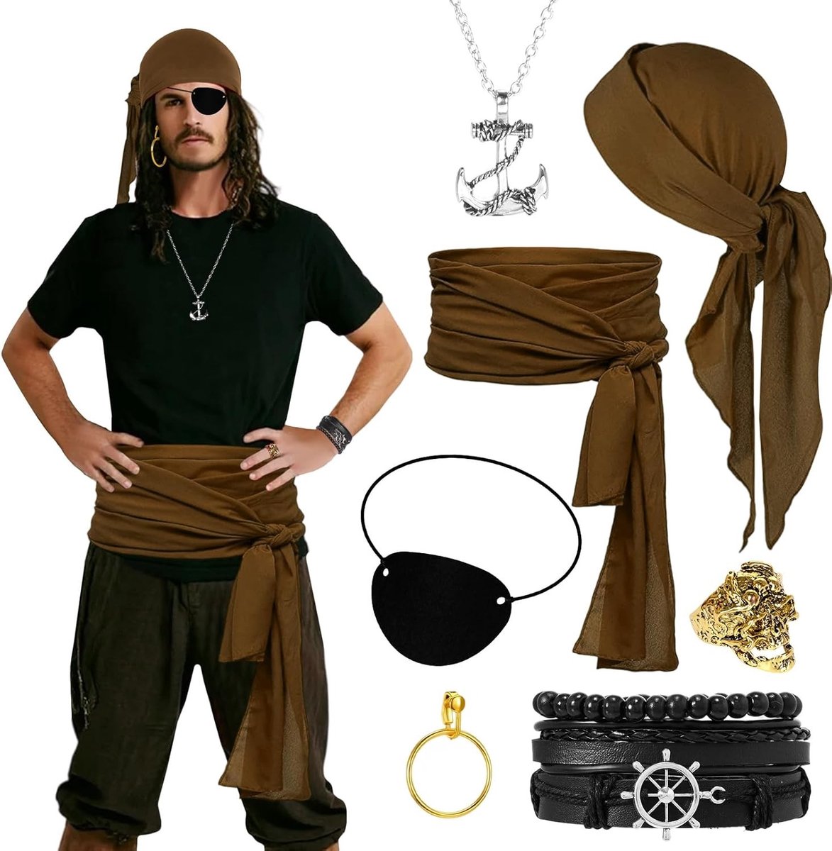 Piratenkostuum voor Dames met Accessoires, Hoofddoek en Middeleeuwse Stijl voor Halloween en Carnaval