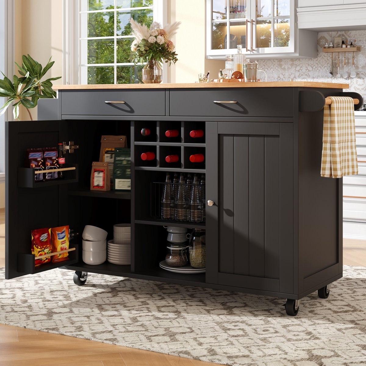 COVREO Keukenkast 102x45x92 cm - met wielen, wijnrek, verstelbare vakken en zwart