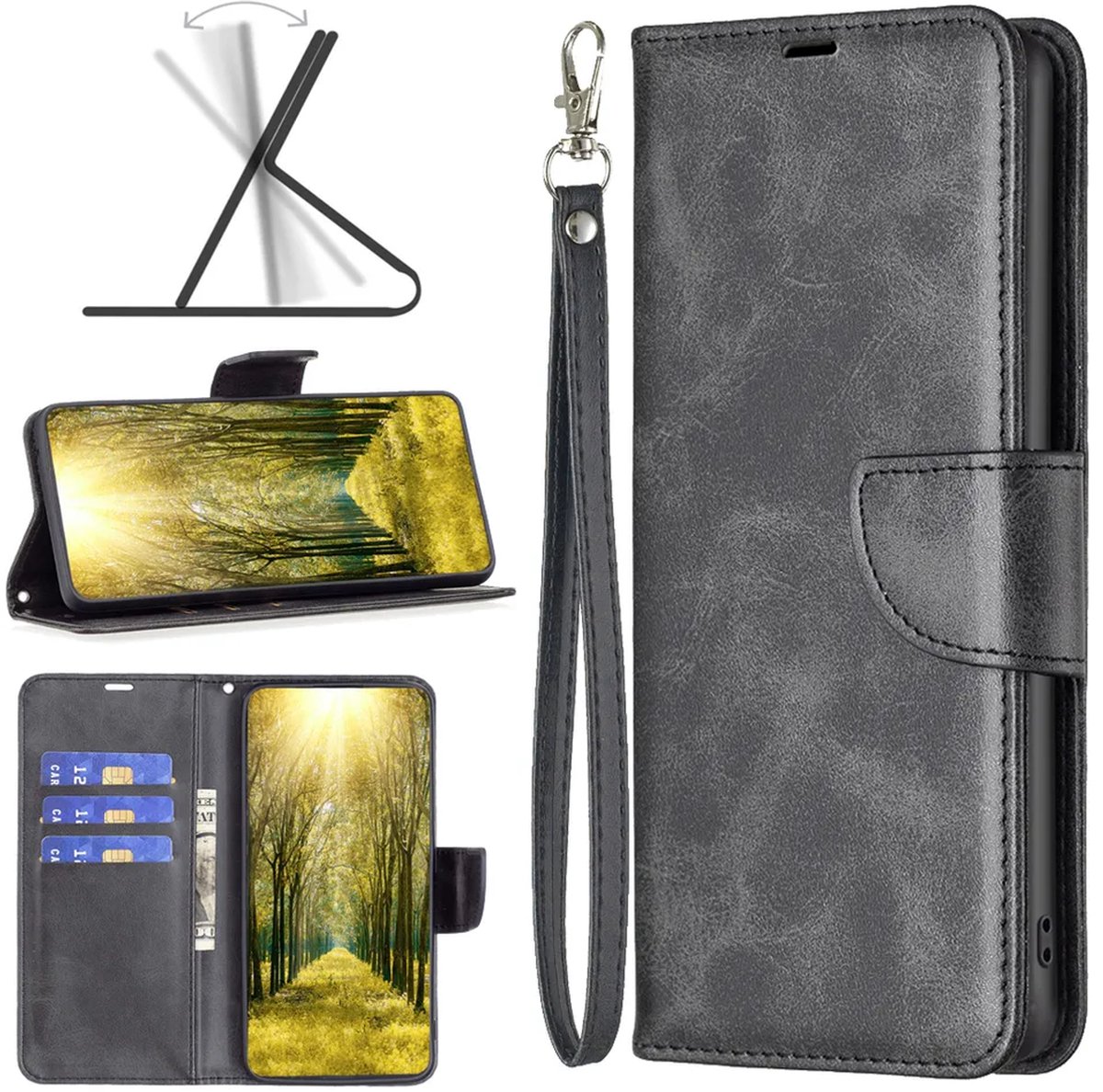 MobyDefend Hoesje - Geschikt voor Motorola Moto G37 / G37 Power / G47 - Wallet Book Case Met Koord - Zwart