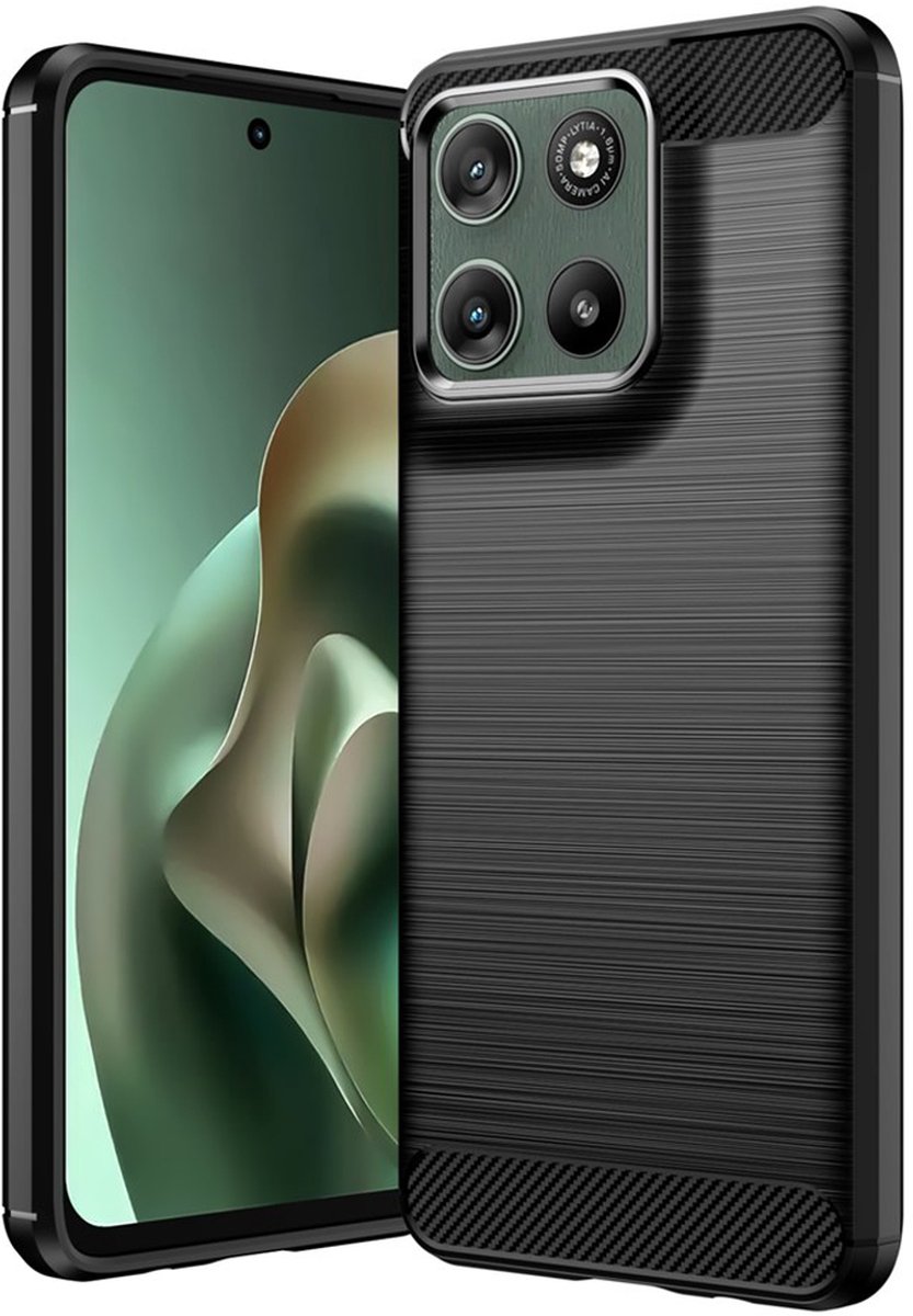MobyDefend Hoesje - Geschikt voor Motorola Moto G37 Power - TPU Backcover - Geborstelde Metaal & Carbon-Look - Zwart