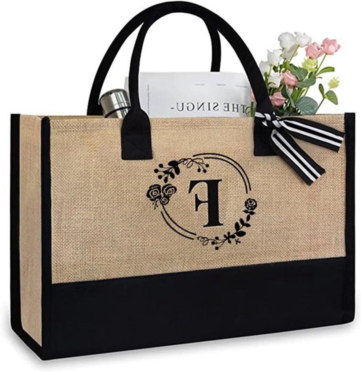 Herbruikbare boodschappentas - Draagtas - Duurzaam - Bloemen - Letters - Gepersonaliseerd - Canvas - Herbruikbare tas - Strandtas - Katoenen - Geschikt voor mannen en vrouwen - Bloemenprint - Jute - Gepersonaliseerde tas