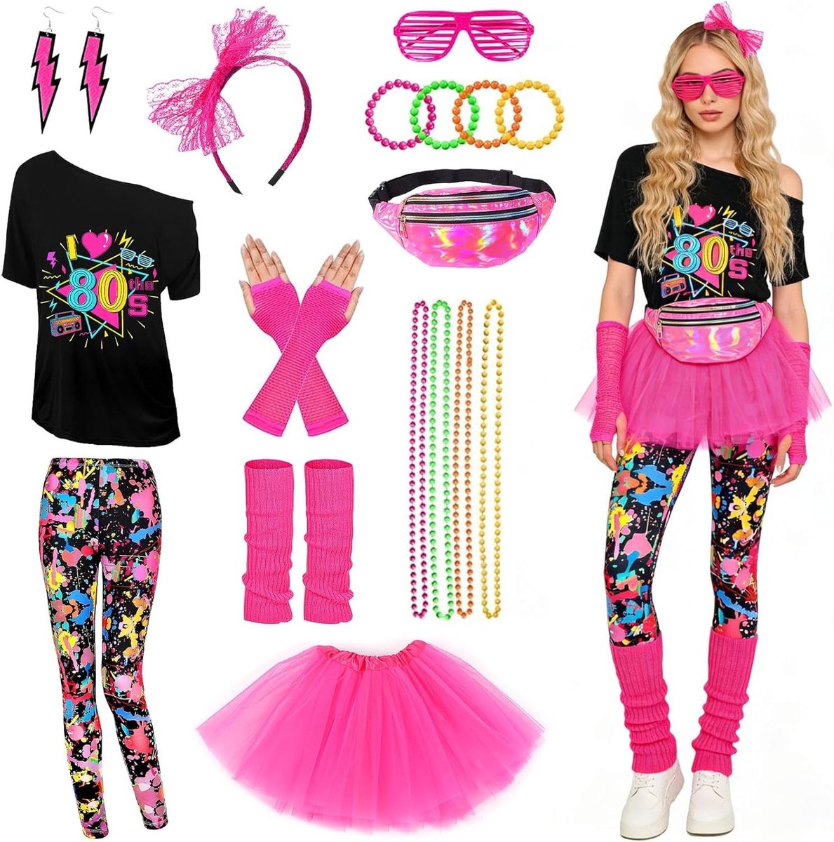 80s Kostuum voor Dames met Hoofdband, Polsbanden en Oorbellen - Perfect voor Feesten, Carnavals en Halloween