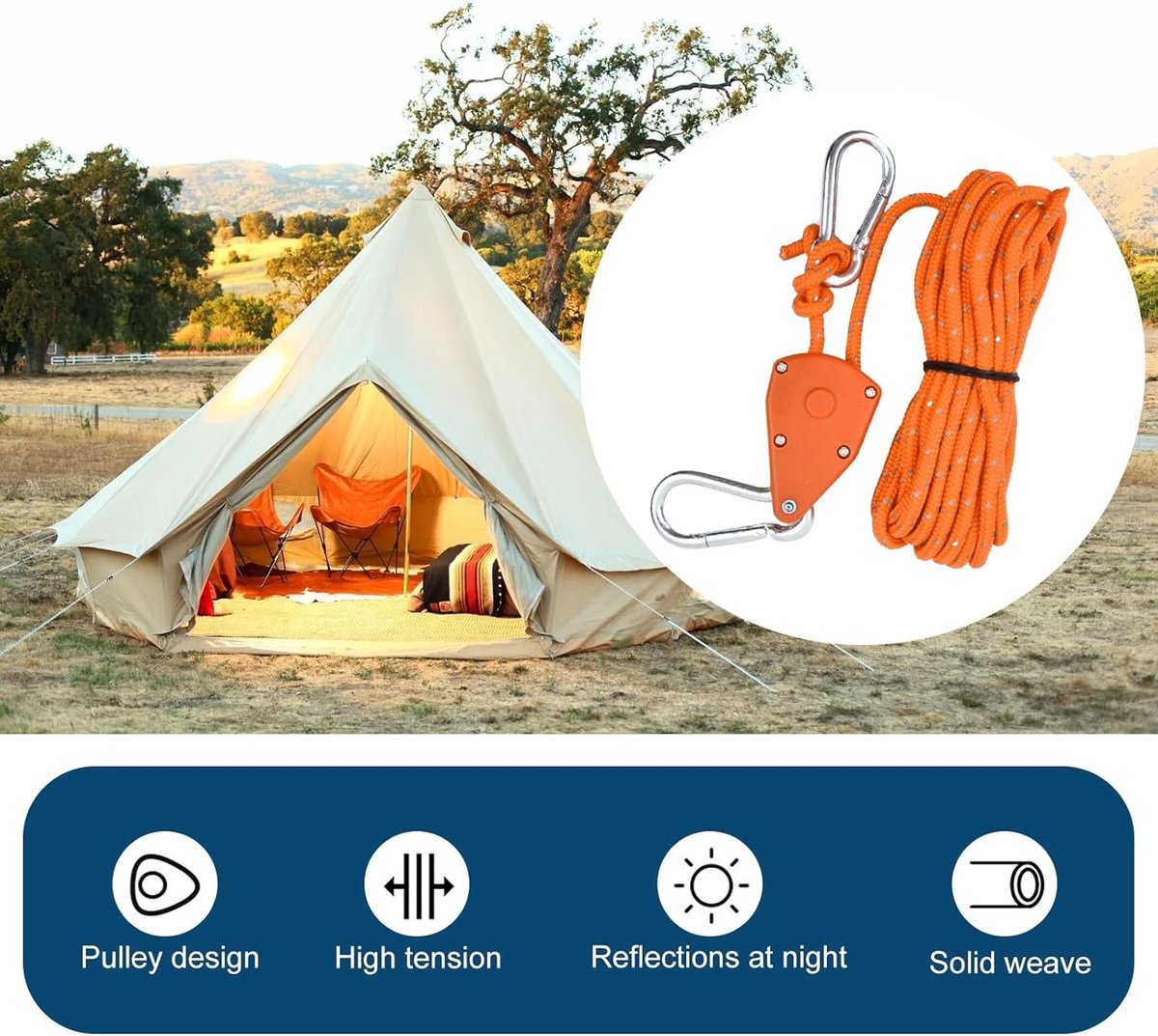 Reflecterende Tent Touwset van 4 Stuks, 4mm Sterke Camping Touwen met Pulley, Ideaal voor Tent, Tuin, Wandelen en Picknicks