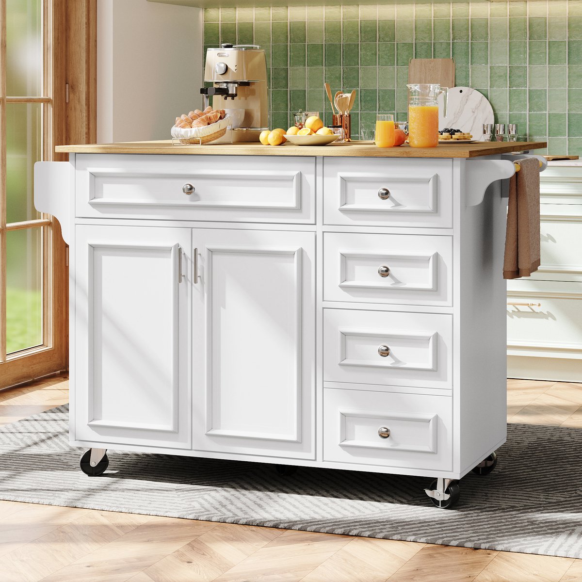 COVREO Keukenkast 110 x 45-75 x 92 cm - inklapbaar, met opbergruimte en wielen, wit