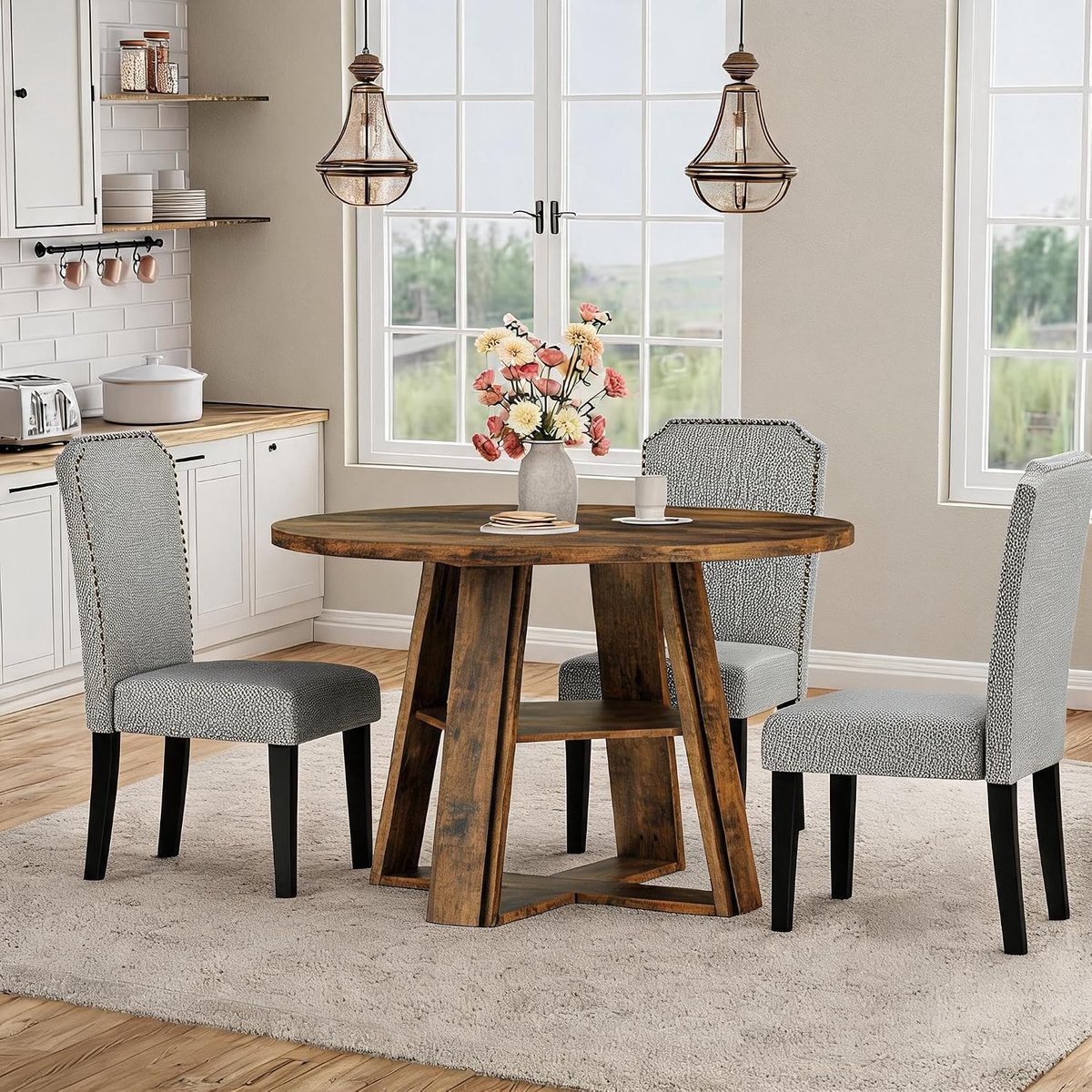 Ronde eettafel van 43,3 inch – Moderne keukentafel – Stevig houten voetstuk – Voor 4-6 personen – Opbergplank – Rond tafelblad – Ruimtebesparend
