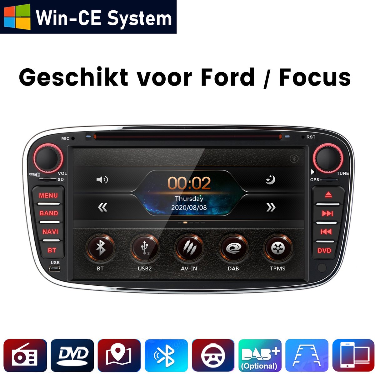 HexinexMarket - WINCE Autoradio Geschikt voor Ford Focus/ Mondeo/ C-MAX/ Galaxy/ S-MAX - DVD/CD RDS FM multimediaspeler GPS Navi