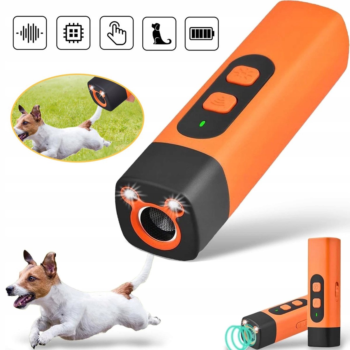 Draagbare Ultrasone Blafstopper Met LED-Lampje En 3 Intensiteitsniveaus – Oplaadbaar 800 mAh Maximaal 10 Meter – Voor Grote En Agressieve Honden – Oranje