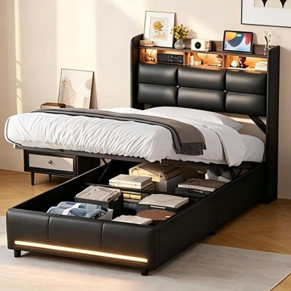 Opbergbed 90x200 cm met LED-verlichting en USB-poort, Eenpersoonsbed met hydraulische opbergruimte en gewatteerd hoofdbord, Bed 90x200 met lattenbodem, PU-leer Zwart