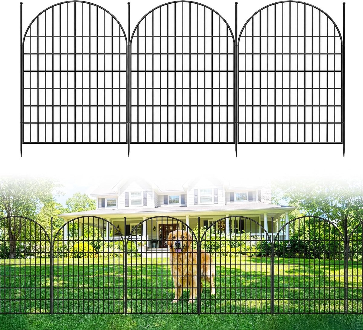 Triumpunpre 10 decoratieve tuinhekpanelen, geen graafwerk nodig, 101,6 cm H x 719,33 cm B, roestbestendig metalen booghek, dierenbarrière voor tuin, terras of bloembed.